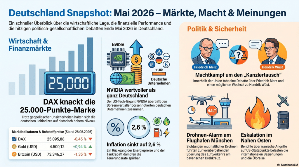 Infografik-Dashboard 'Deutschland Snapshot' (30.05.2026): Visualisierung der Führungskrise in der Union , der ökonomischen 415-Euro-Arbeitsfalle , des Falls des RCP 8.5 Klimadogmas und juristischer Doppelstandards bei Meinungsäußerungen